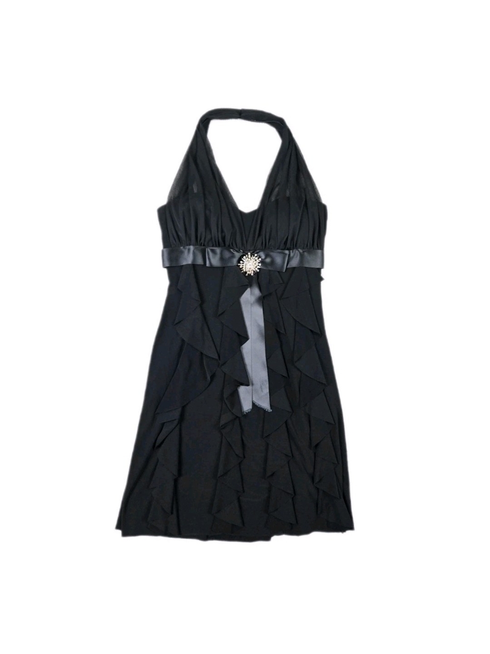 Betsey & Adam Black Halter Evening Mini Dress Party 6 Petite Rhinestone Ruffle